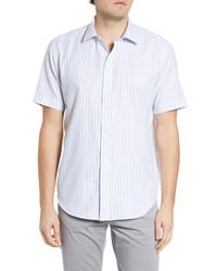 Bugatchi Shaped Fit Stripe Short Sleeve Button Up Cotton Linen Shirt