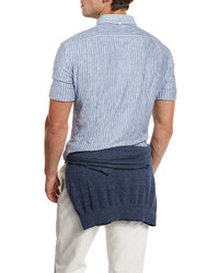 Brunello Cucinelli Striped Short Sleeve Leisure Sport Shirt Light Blue