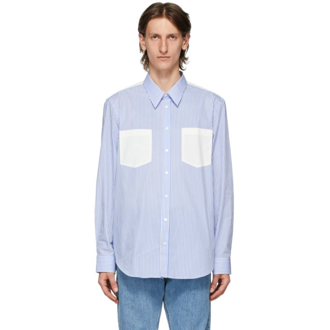 Helmut Lang Blue And White Striped Logo Shirt, $395 | SSENSE | Lookastic