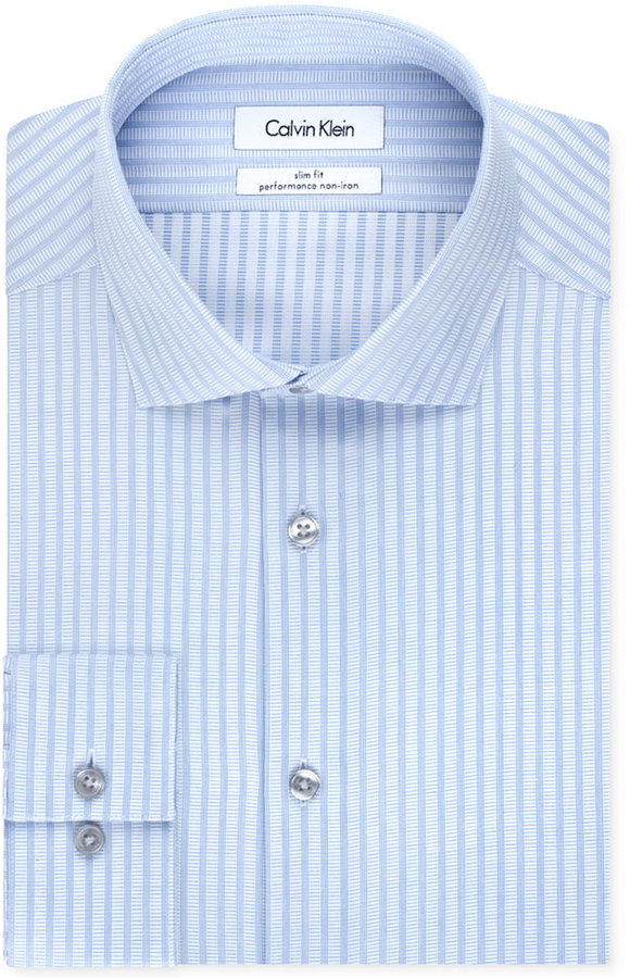 Chemicaliën deuropening woensdag Calvin Klein Steel Non Iron Slim Fit Light Blue Stripe Performance Dress  Shirt, $75 | Macy's | Lookastic