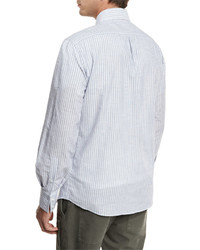 Brunello Cucinelli Striped Woven Sport Shirt Blue