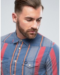 Wrangler Western Shirt Long Sleeve Striped Tru Blue