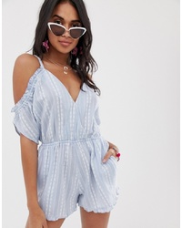Accessorize Accesorize Cold Shoulder Embroidered Beach Playsuit In Blue