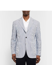 Camoshita Blue Slim Fit Striped Cotton And Silk Blend Seersucker Blazer