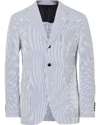 Camoshita Blue Slim Fit Striped Cotton And Silk Blend Seersucker Blazer