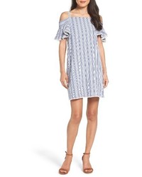 Light Blue Vertical Striped Seersucker Off Shoulder Dress