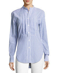 Burberry Striped Stand Collar Shirt With Pintucked Front