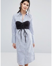 Neon Rose Shirt Dress With Corstet Overlay In Stripe