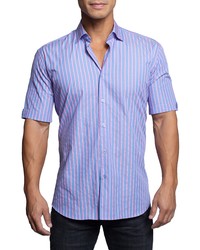 Maceoo Galileo Neonstripe Blue Short Sleeve Button Up Shirt