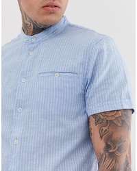 BLEND Short Sleeve Grandad Collar Stripe Shirt In Light Blue