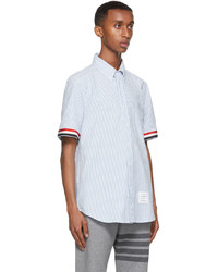 Thom Browne White Blue Seersucker Gros Cuff Short Sleeve Shirt