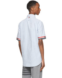 Thom Browne White Blue Seersucker Gros Cuff Short Sleeve Shirt