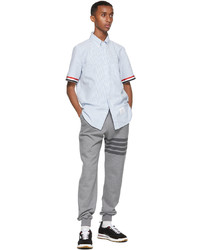 Thom Browne White Blue Seersucker Gros Cuff Short Sleeve Shirt