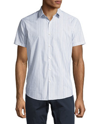 Theory Zack S Linen Cotton Multi Stripe Short Sleeve Sport Shirt Blue