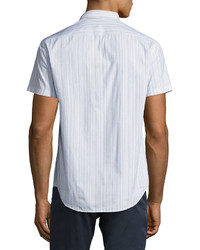 Theory Zack S Linen Cotton Multi Stripe Short Sleeve Sport Shirt Blue