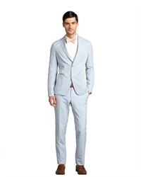 Ermenegildo Zegna Light Blue Striped Cotton Blend Two Button Suit With Flat Front Pants
