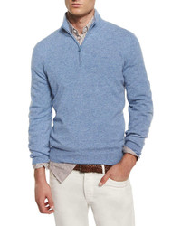 Brunello Cucinelli Cashmere Half Zip Pullover Sweater Light Blue