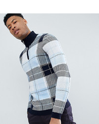 ASOS DESIGN Tall Knitted Turtle Neck Check Jumper With Zip In Blue