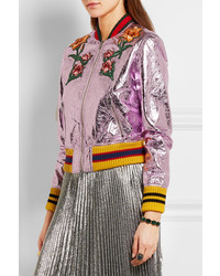 Gucci Appliqud Metallic Textured Leather Bomber Jacket Lilac