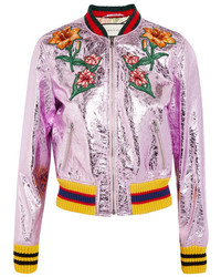 Gucci Appliqud Metallic Textured Leather Bomber Jacket Lilac