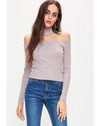 Missguided Purple Ribbed Choker Neck Cropped Sweater