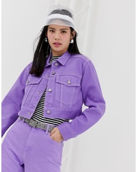 Monki Cropped Denim Jacket With Organic Cotton In Lilac Co Ord