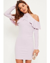 Missguided Purple Frill Cold Shoulder Long Sleeve Dress