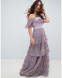 Needle & Thread Embroidered Lace Cold Shoulder Maxi Gown In Lavender