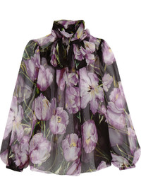 Dolce & Gabbana Floral Print Silk Chiffon Blouse Lavender