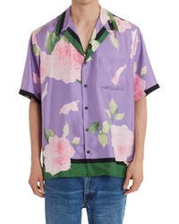 Light Violet Floral Silk Short Sleeve Shirt