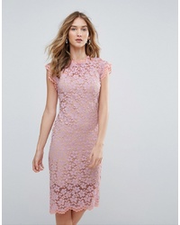 Traffic People High Neck Contrast Lace Overlay Pencil Dress