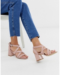 New Look Block Heel Sandal In Pink Croc Effect