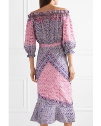 Saloni Grace Off The Shoulder Printed Silk De Chine Midi Dress