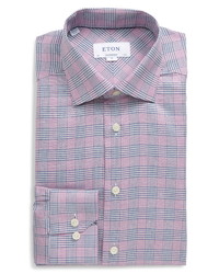 Eton Trim Fit Plaid Cotton Linen Dress Shirt