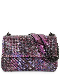 Bottega Veneta Medium Tweed Print Intrecciato Watersnake Shoulder Bag Pink