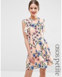 Asos Petite Ruffle Neck Skater Dress In Pretty Floral Print