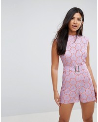 Asos Romper With High Neck And Belt In Retro Floral Print