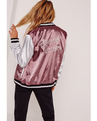 Missguided Graphic Satin Bomber Jacket Purple