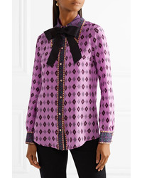 Gucci Bow Embellished Printed Silk Crepe De Chine Shirt Lavender