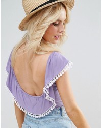 Asos Petite Petite Crop Top With Pom Pom Ruffle And Low Back