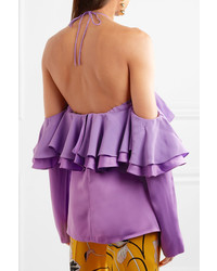 Emilio Pucci Off The Shoulder Ruffled Satin And Crepe Blouse Lilac