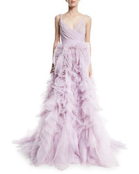 Monique Lhuillier Draped Tulle Ball Gown With Ruffle Skirt Lilac