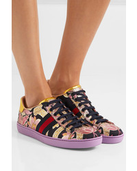 Gucci Ace Metallic Leather Trimmed Brocade Sneakers Lilac