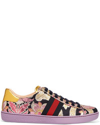 Gucci Ace Metallic Leather Trimmed Brocade Sneakers Lilac