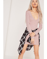 Missguided V Neck Ribbed Sweater Dress Lilac