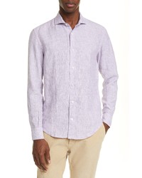 Light Violet Vertical Striped Linen Long Sleeve Shirt