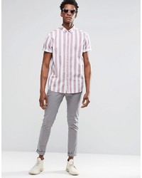 Asos Brand Shirt With Breton Stripe In Dusty Pink With Short Sleeves In Regular Fit
