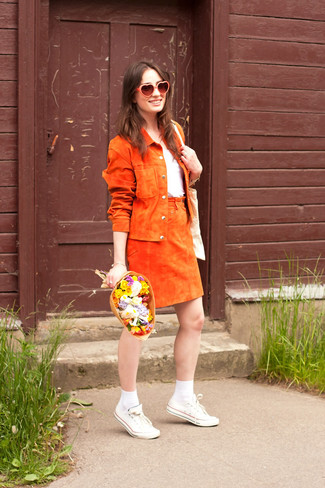Women's White Canvas Low Top Sneakers, Orange Suede A-Line Skirt, White Crew-neck T-shirt, Orange Suede Biker Jacket