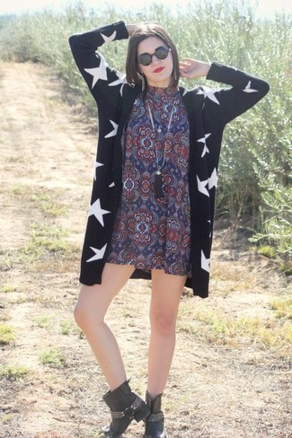 Women's Black Sunglasses, Black Studded Leather Ankle Boots, Navy Print Casual Dress, Black and White Print Open Cardigan