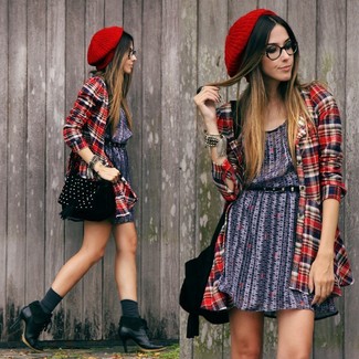 Women's Black Studded Suede Crossbody Bag, Black Leather Ankle Boots, Red Plaid Dress Shirt, Navy Print Casual Dress